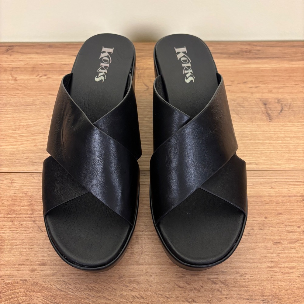 KORKS Madera Wedge Sandals Black Women Size 10 Criss Cross Strap Platform Slides - Picture 4 of 12